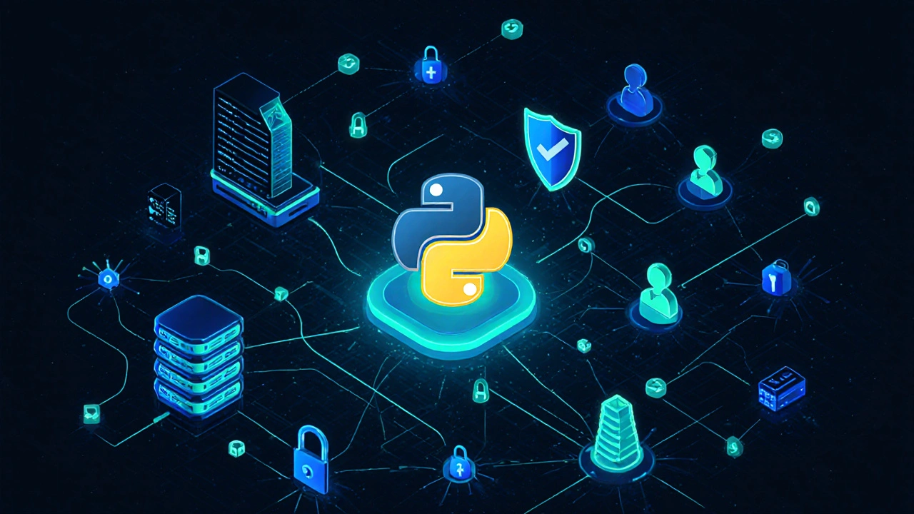 Абстрактная сеть IT-элементов, где программирование — лишь одна из многих связей в системе.