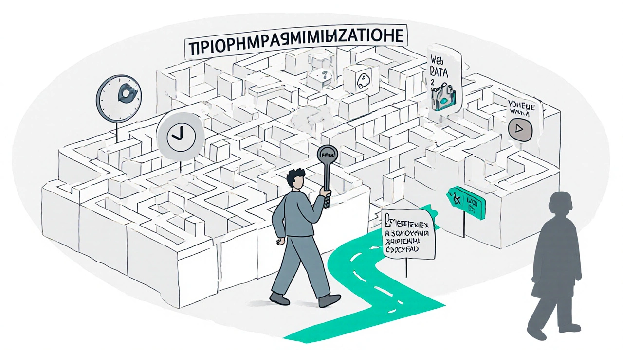 Человек идет по простому пути в лабиринте программирования, остальные пути темные.