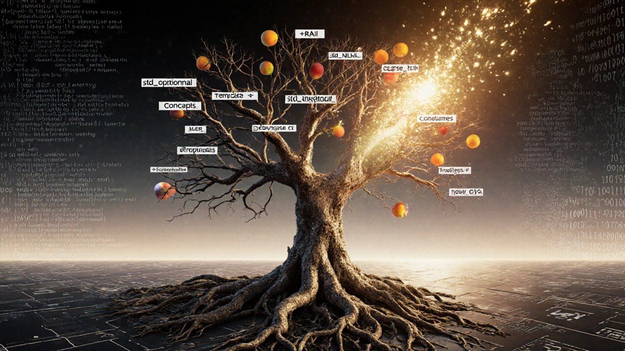 Дерево с корнями в C и ветвями C++, растущее из кода в золотом свете.