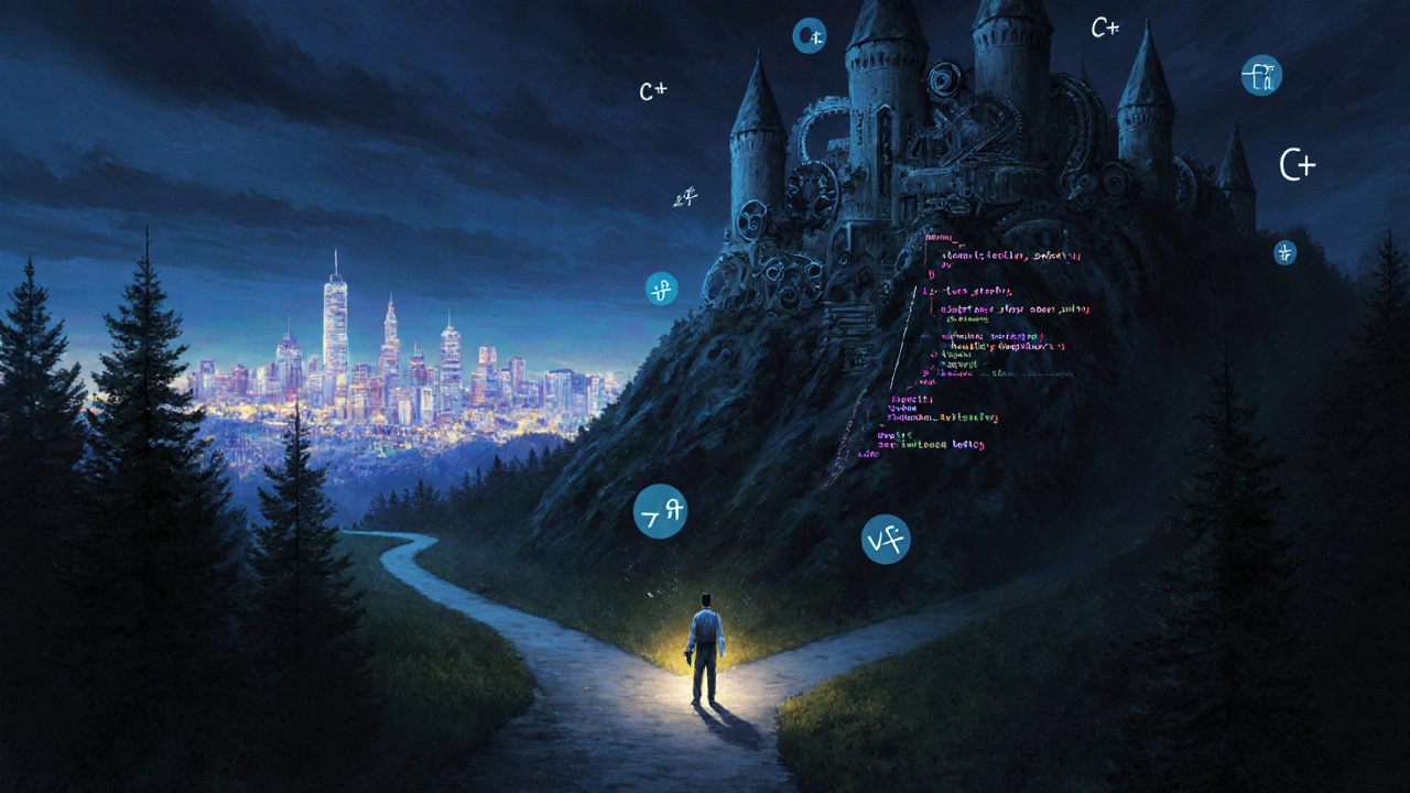 Два пути в лесу: один ведет к городу, другой — к замку из шестеренок, человек стоит на развилке.