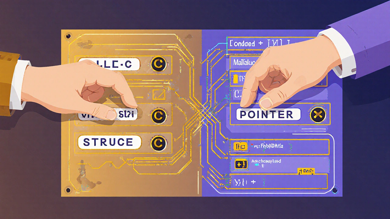 Две руки управляют разделённой панелью: одна — C, другая — C++ с технологическими элементами.