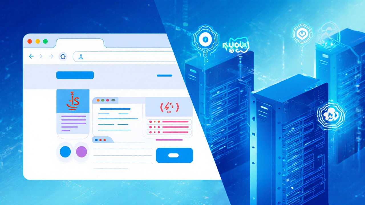 Двухчастная иллюстрация: веб-интерфейс с JavaScript и серверная инфраструктура с Node.js.