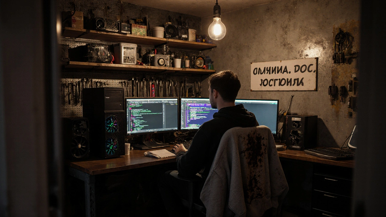 Гараж, превращённый в рабочее место: три монитора, компьютер и надпись &#039;Тишина. Код. Повтор.&#039; на стене.