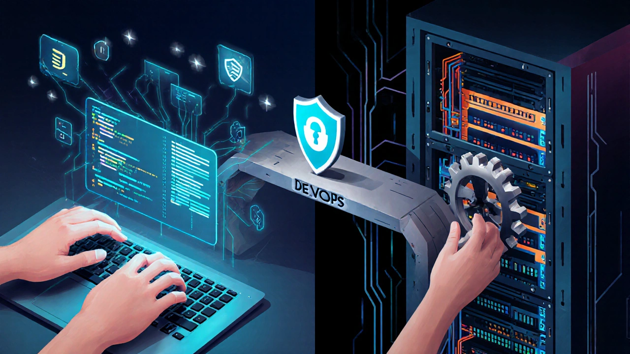 Концептуальное изображение: код и инфраструктура соединяются через DevOps.