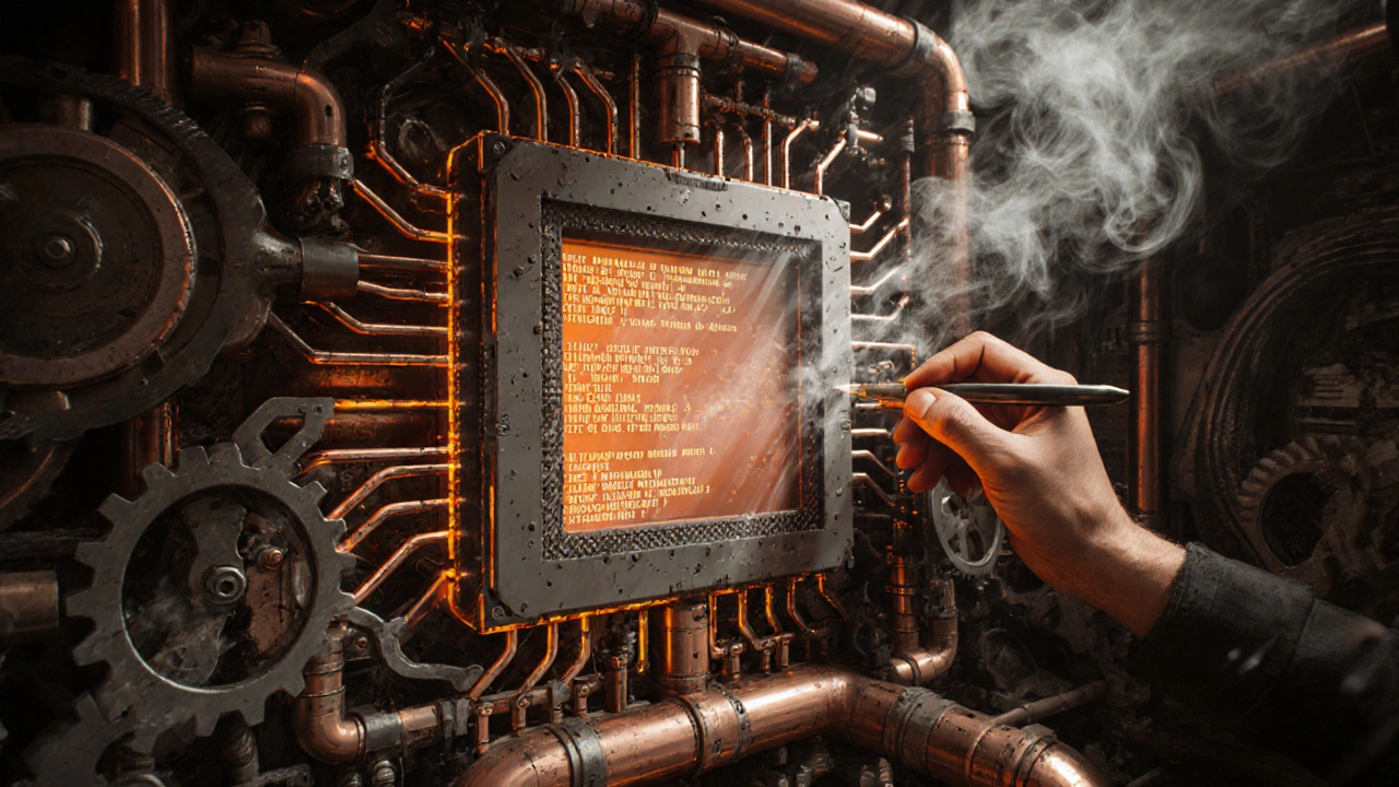 Механический интерьер процессора с потоками двоичного кода и сборкой.