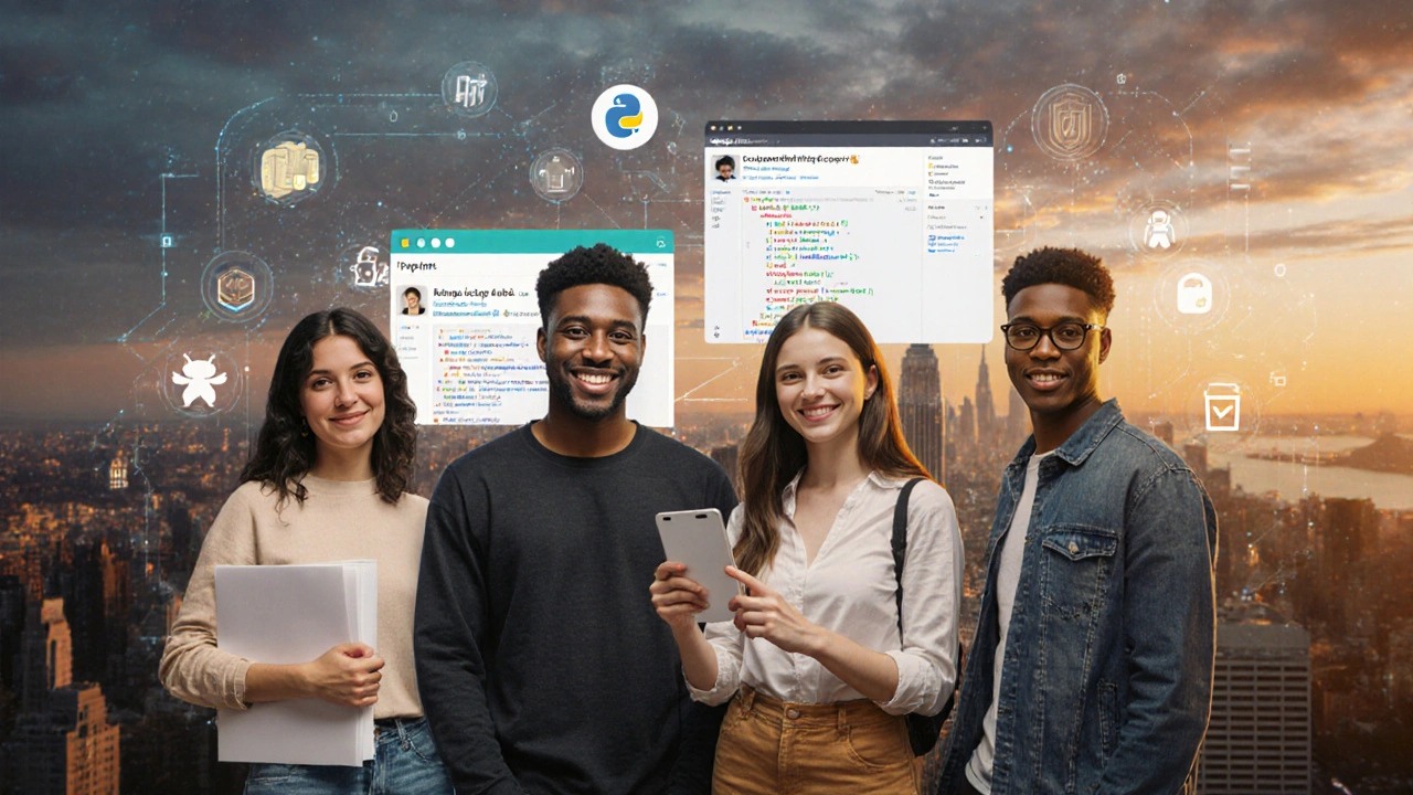Молодые разработчики с портфолио проектов стоят перед цифровым фоном с кодом и технологиями.