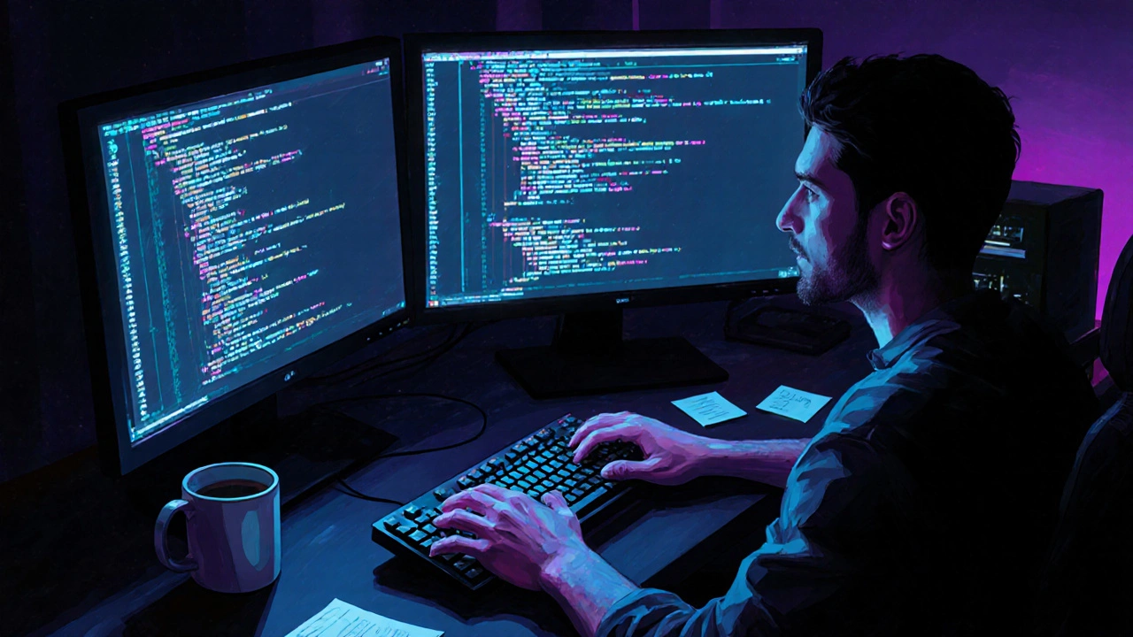 Программист пишет код ночью в офисе, экраны светятся синим и фиолетовым.