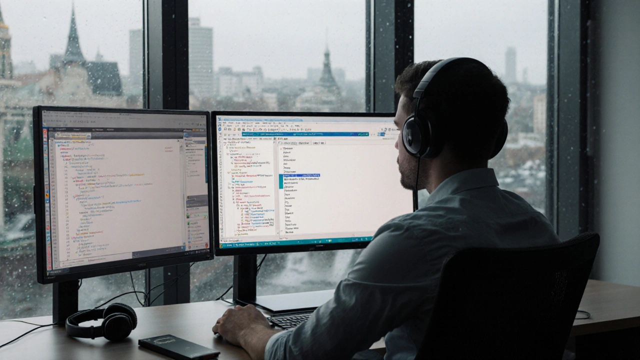 Разработчик в офисе с двумя мониторами, на одном из которых виден отладчик C++, наушники и окно с дождем.