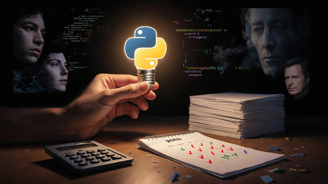 Рука держит светящуюся лампочку в виде Python, освещая простые инструменты и код.