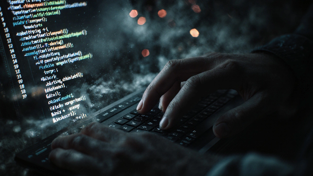 Руки программиста над клавиатурой с кодом C++ и признаками сбоев.
