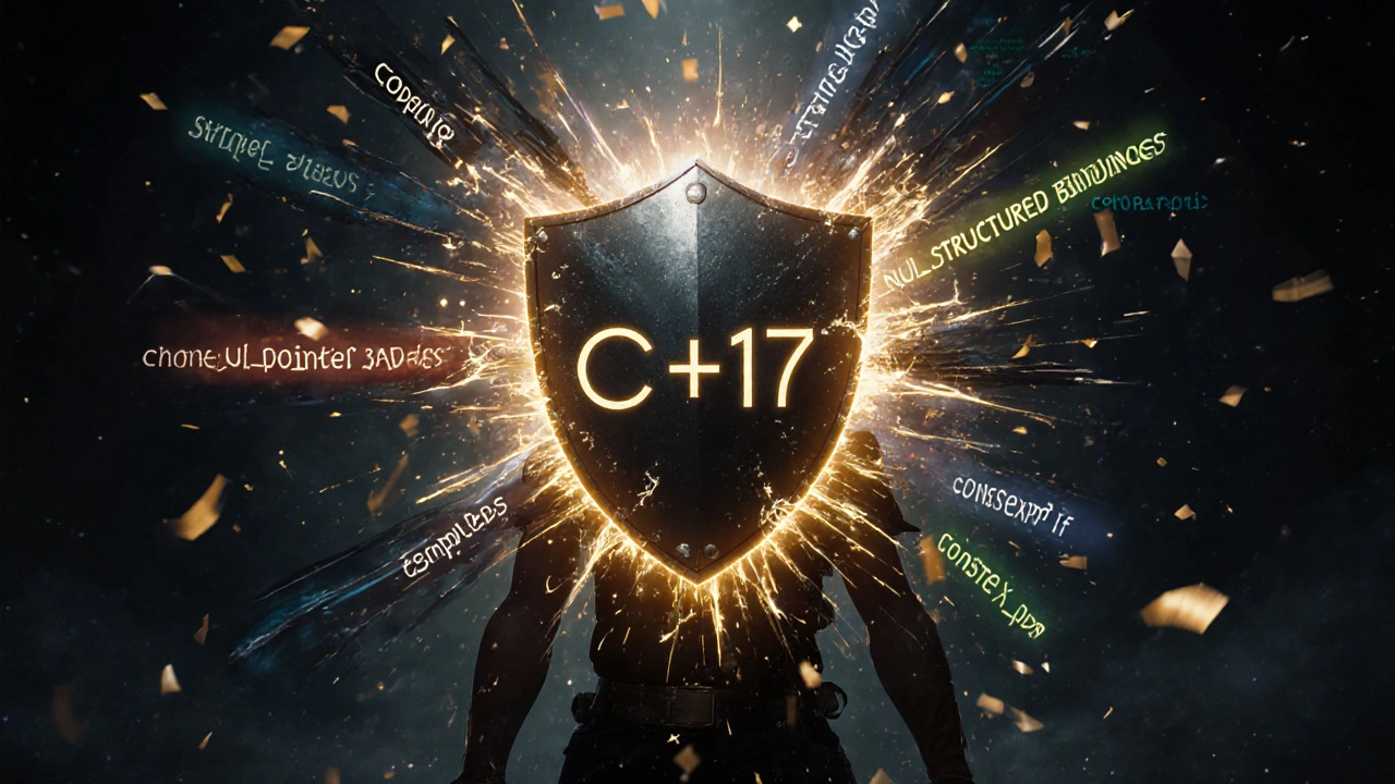 Щит C++17 защищает разработчика от ошибок, а современные функции светятся золотым светом.
