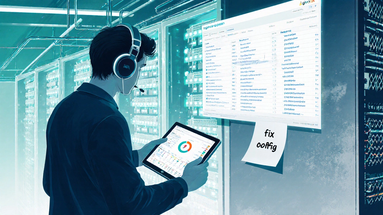 Специалист по IT обслуживает серверный стеллаж с мигающими индикаторами.