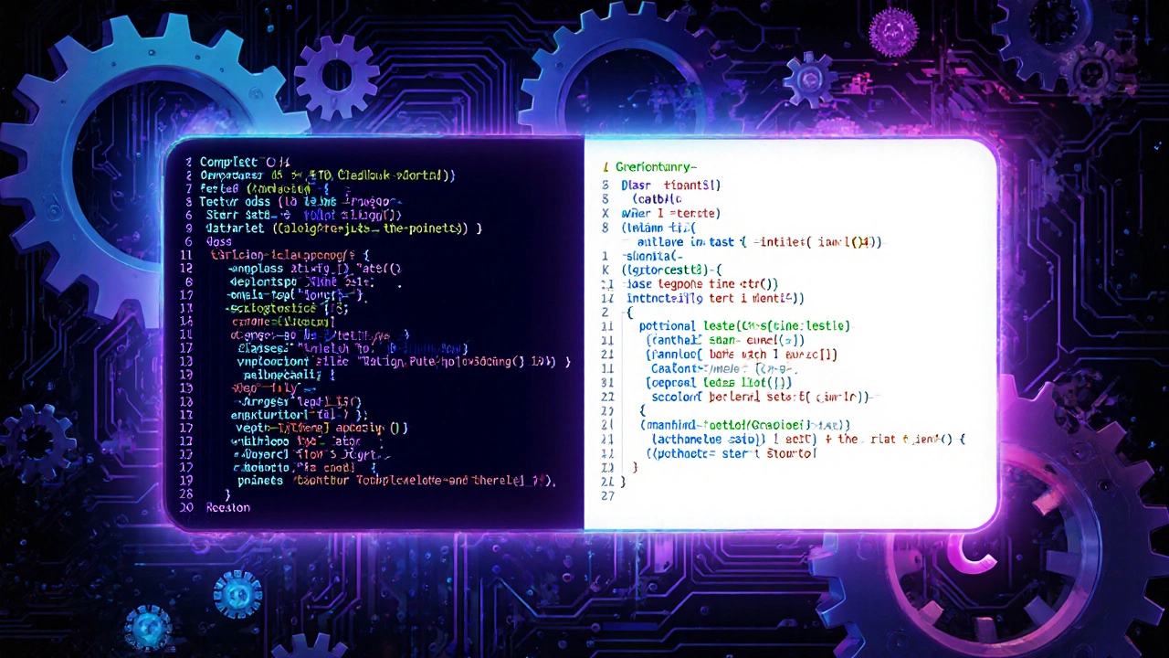 Сравнение кода на C и C++ в виде раздвоенного изображения с элементами техники.