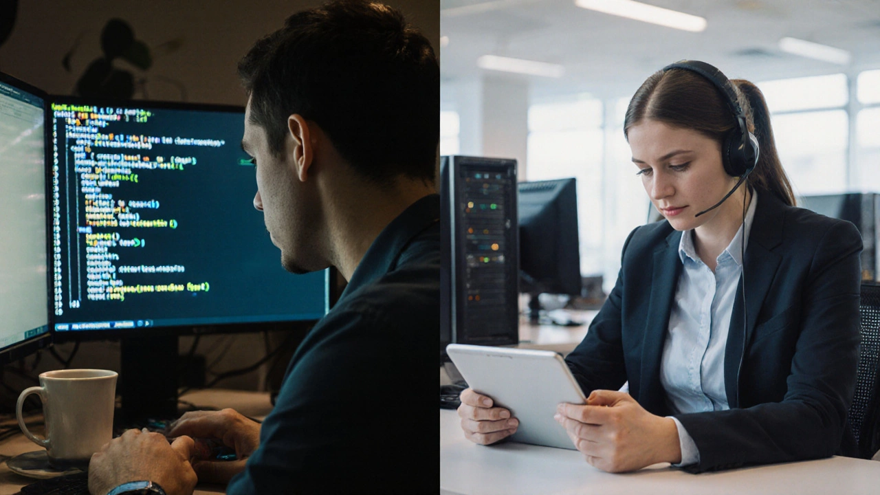 Сравнение: программист за кодом и специалист по поддержке помогают пользователям — два разных подхода в IT.