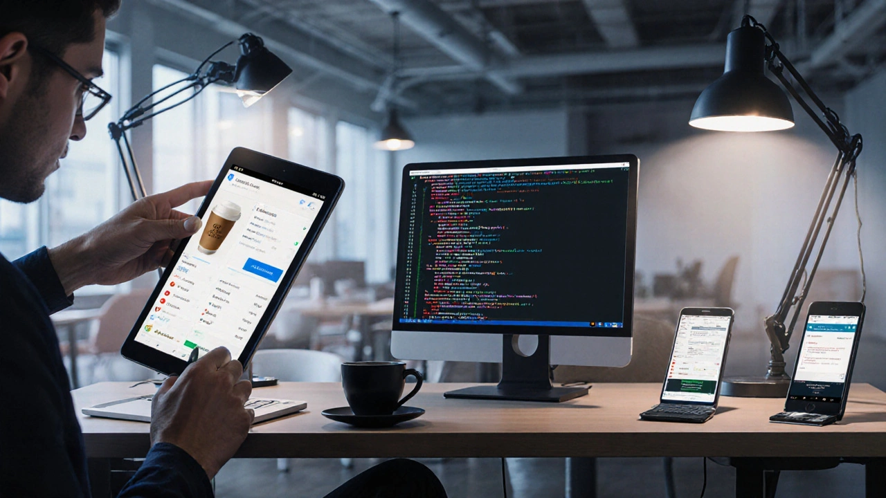 Три разработчика: фронтенд, бэкенд и тестировщик в рабочих зонах