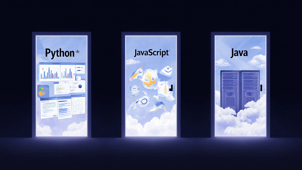 Три светящихся двери, ведущие в разные миры программирования: Python, JavaScript и Java.