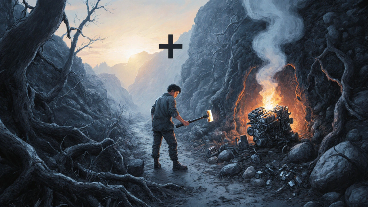 Узкая тропа с камнями и ковшом, где человек собирает двигатель из металлических деталей.