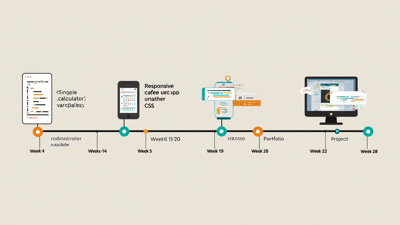 Визуальная хронология обучения программированию от простых команд до портфолио проектов.