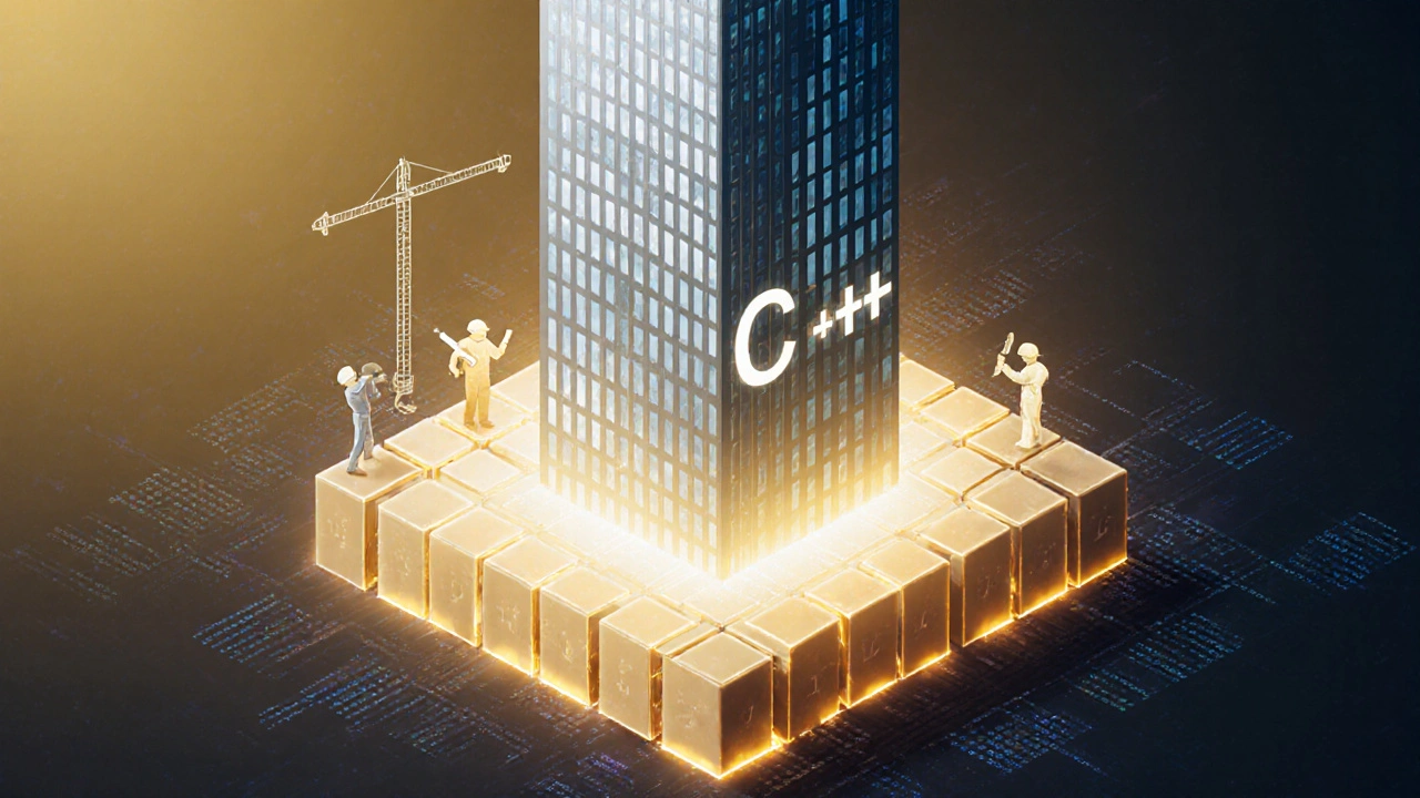 Здание C++ на фундаменте из кода на C, символизирующее основы программирования.