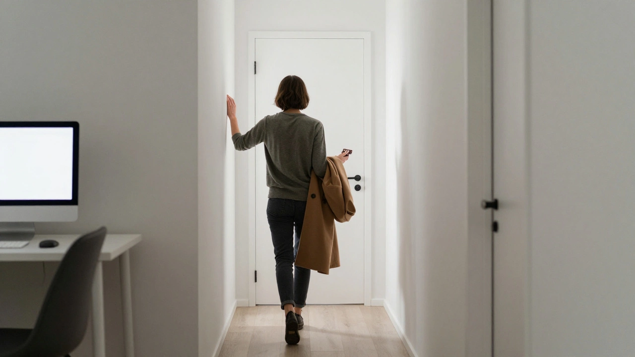 Человек уходит от компьютера, держа шоколадку — символ награды за завершенную фичу.