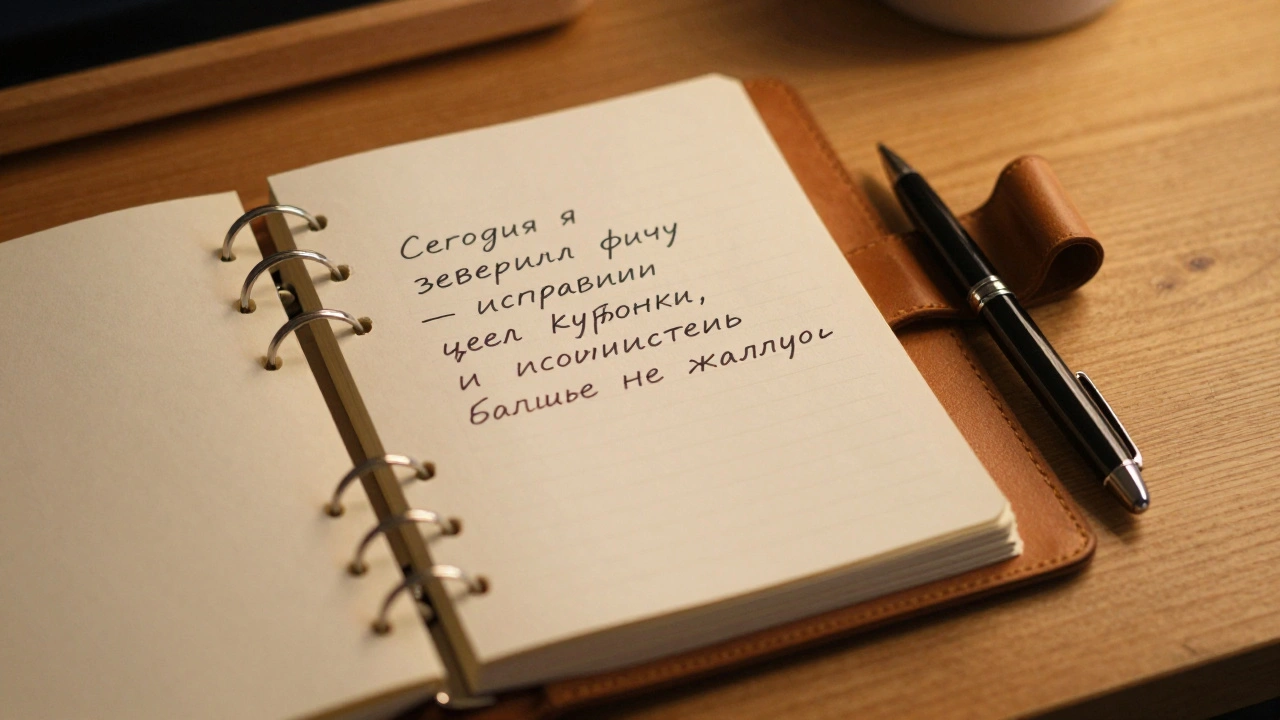 Открытый дневник с записью о завершении мелкой, но значимой задачи в коде.