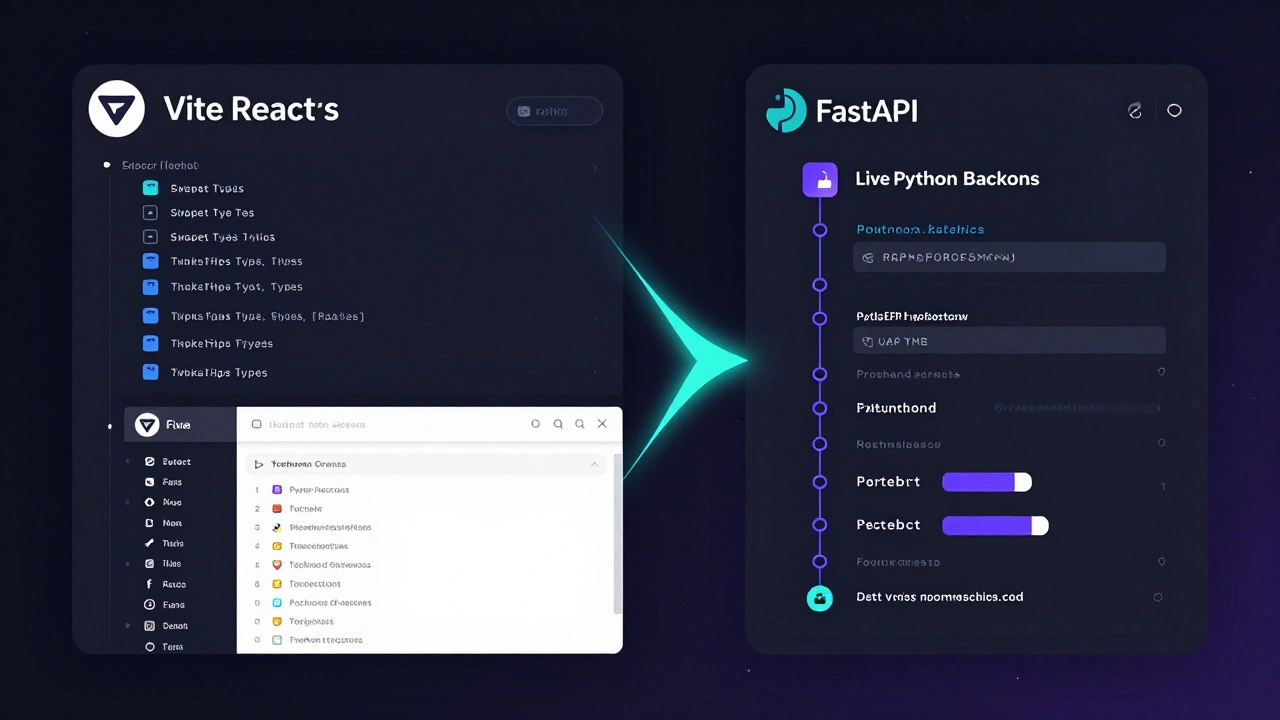 Двухсторонняя цифровая иллюстрация: TypeScript-фронтенд слева и Python-бэкенд справа, соединённые API-соединением.