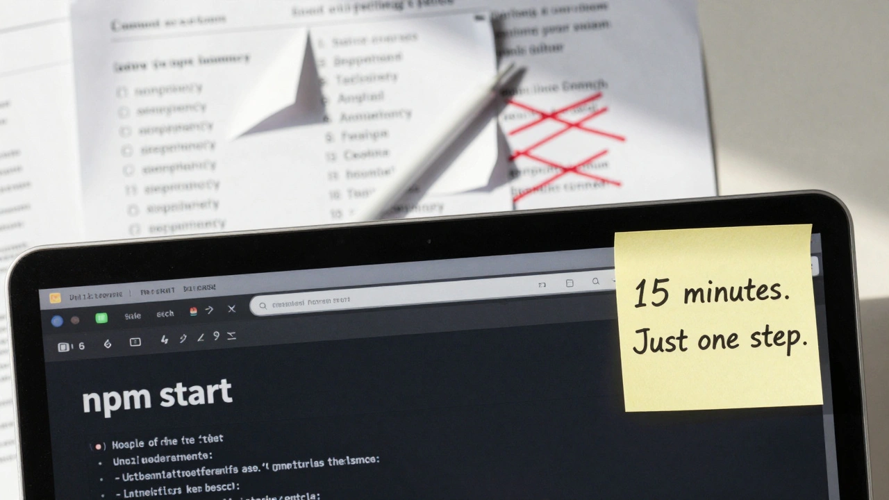 Экран терминала с успешным запуском проекта, рядом — очищенный стол с закрытыми ветками и заметкой '15 минут'.