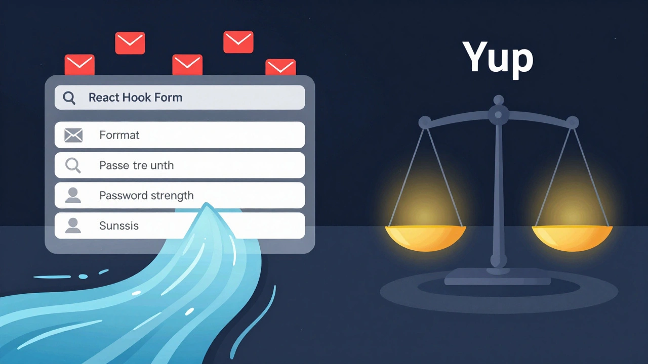 Форма валидируется: React Hook Form направляет ввод, а Yup проверяет правила — ошибки в красном, корректные данные в золотом.