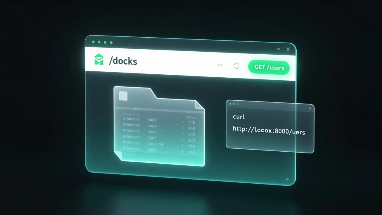 Интерактивная документация FastAPI в виде голографического интерфейса с запросом к SQLite-базе данных.