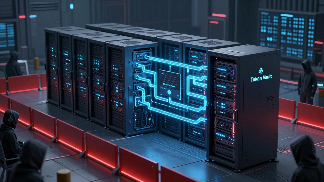 Изолированный серверный центр с токен-сервером, защищённый барьерами, в то время как хакеры видят только бессмысленные коды.