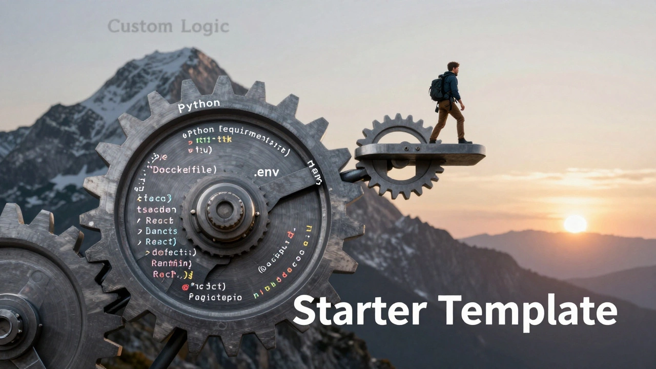 Механический шестерёнка из кода, вращающаяся и поднимающая разработчика к вершине 'Custom Logic' под утренним светом.