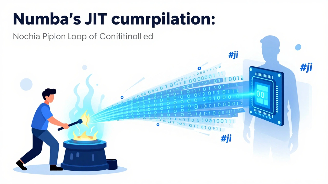 Numba компилирует Python-функцию с циклами в машинный код, который обрабатывается процессором с высокой скоростью.