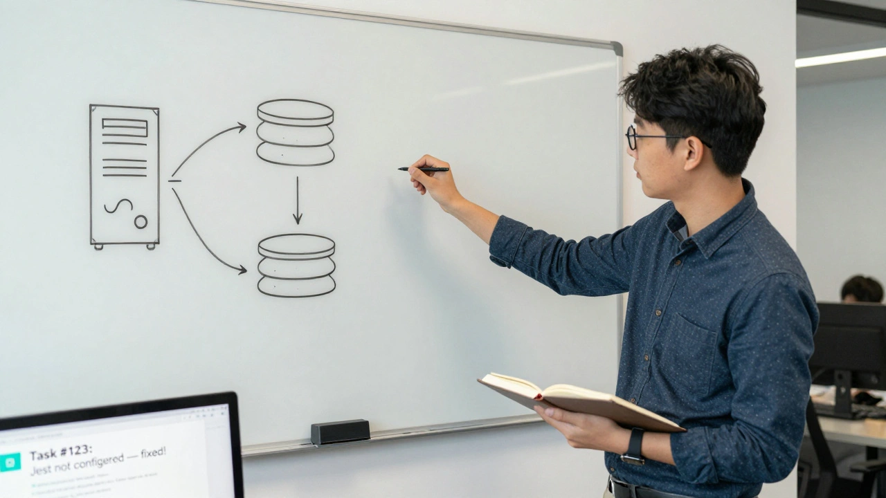 Опытный разработчик объясняет новичку проблему с помощью схемы на доске, новичок внимательно слушает.