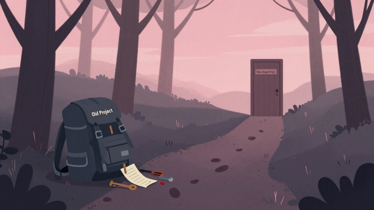 Путь через лес: старый рюкзак с проектом оставлен на земле, впереди — дверь новых начал.