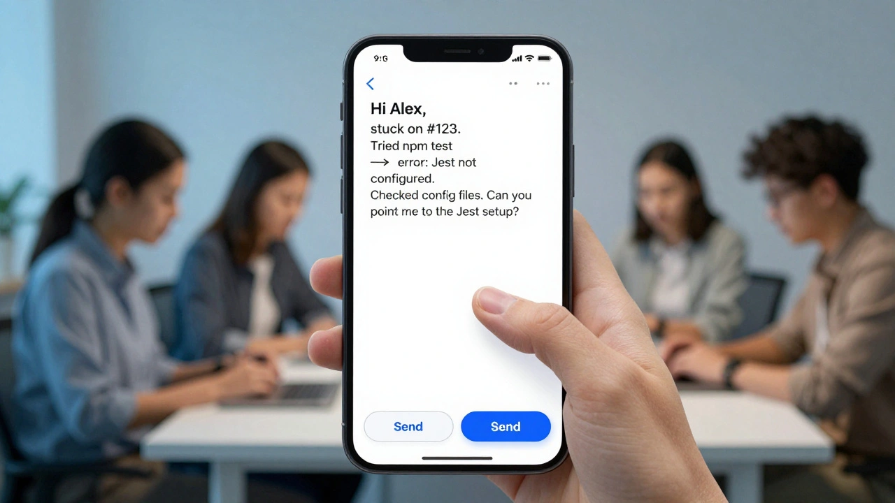 Рука нажимает кнопку отправки чёткого, структурированного сообщения в чате о технической проблеме.
