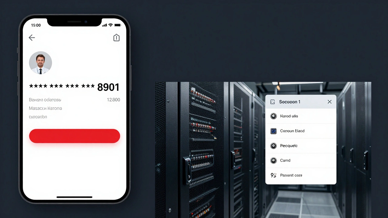 Сравнение интерфейса мобильного банка с маскированными данными и защищённого хранилища реальных данных в физически охраняемом дата-центре.