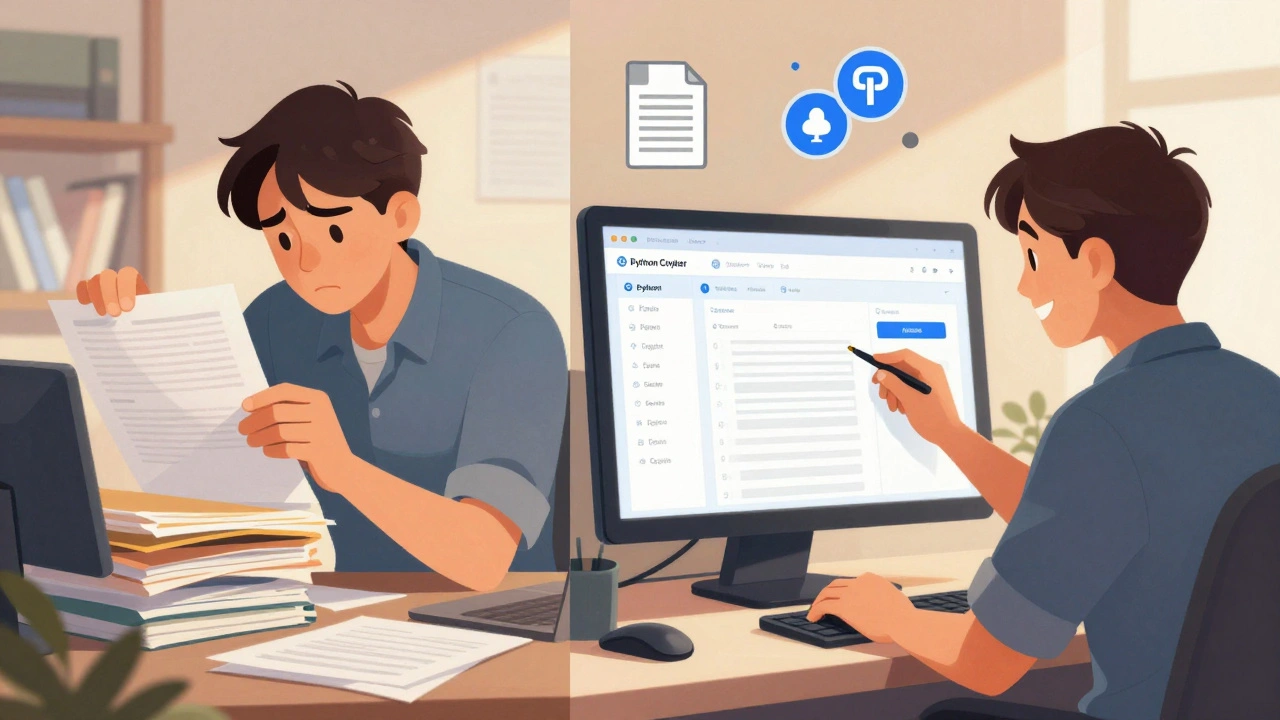 Сравнение: сотрудник ищет бумажные файлы слева и наслаждается цифровым поиском справа.