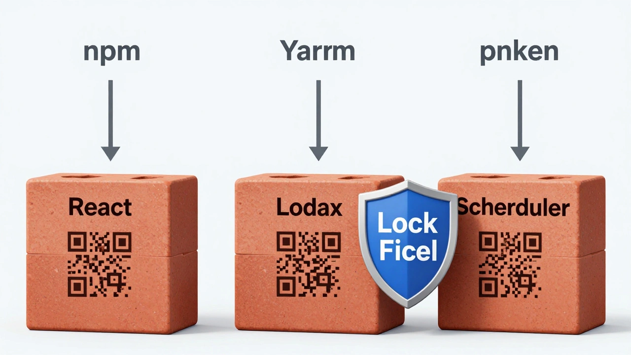 Строительство здания из кирпичей с QR-кодами, один кирпич заблокирован щитом с надписью 'Lock File'.