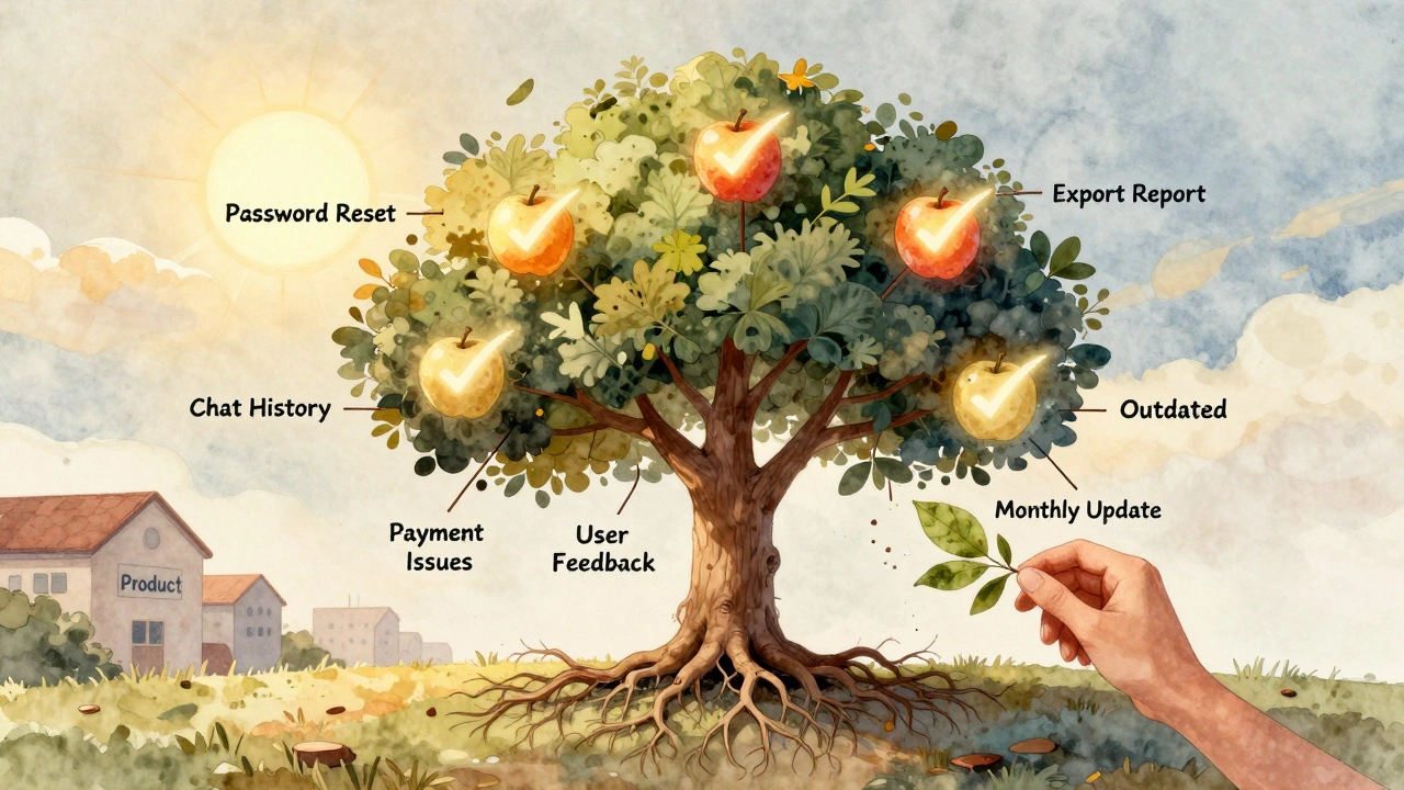 Живое FAQ-дерево с плодами-вопросами, которые регулярно обновляются, символизирующее постоянное улучшение документации.