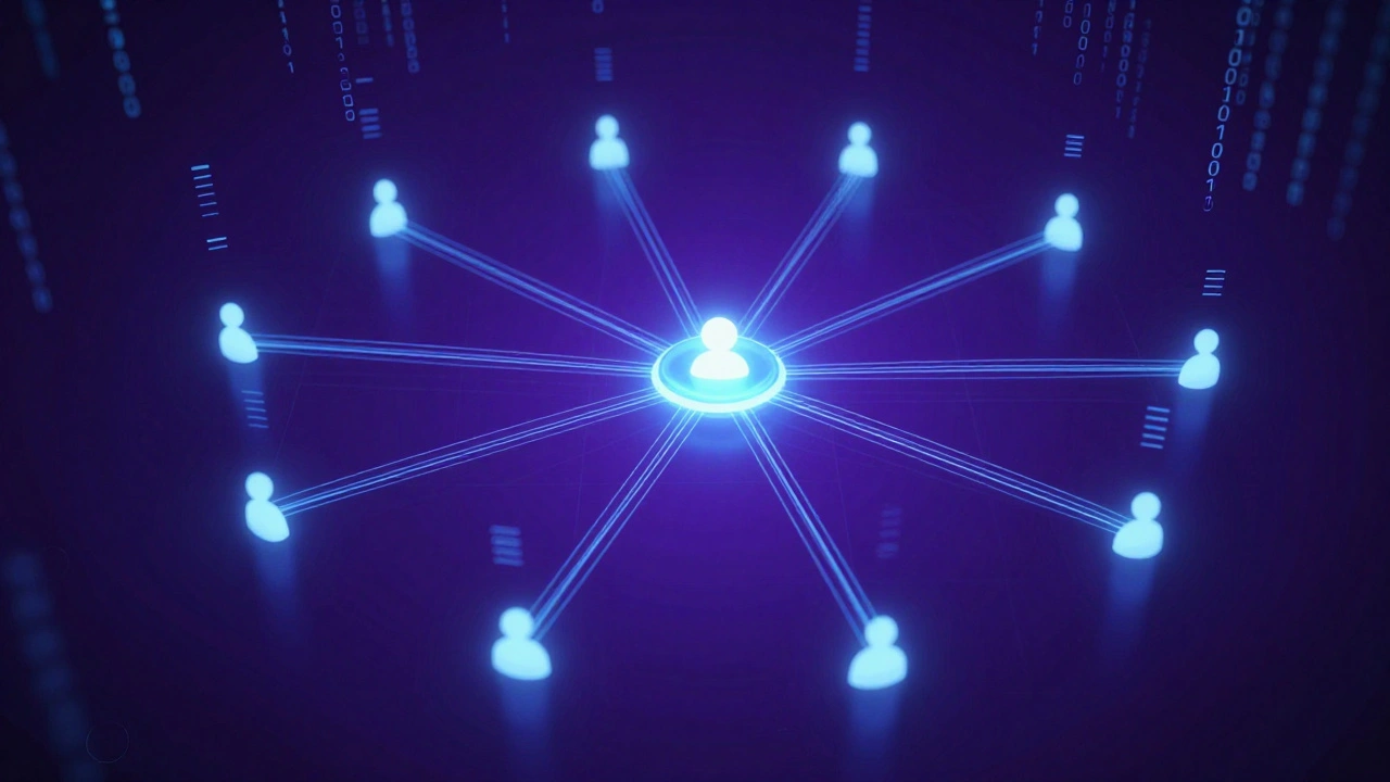 Абстрактная сеть соединений между сервером и клиентами, передающими данные по светящимся линиям в киберпанковом стиле.