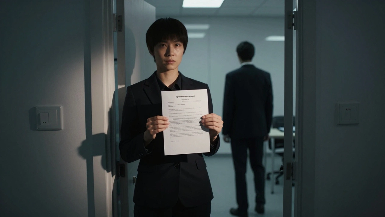 Человек держит письмо в трудовую инспекцию, стоя у двери офиса, в тени — фигура руководителя, отворачивающаяся.