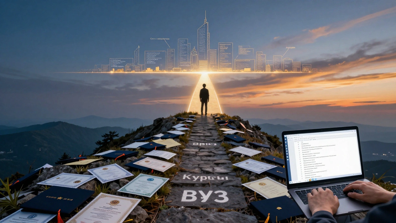 Человек стоит на горе дипломов, глядя на путь, ведущий к городу из кода и веб-проектов.