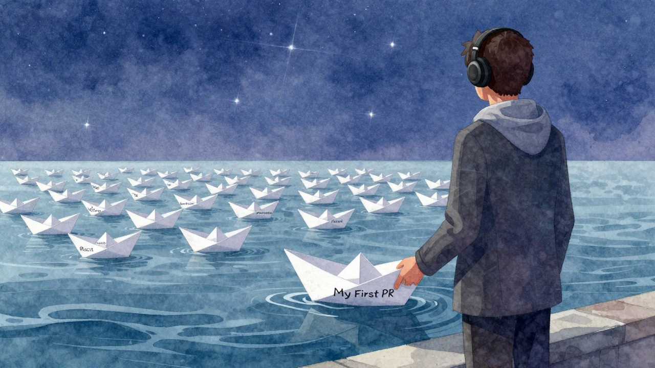 Человек выпускает бумажную лодку с надписью 'My First PR' в океан, где плывут другие open-source проекты