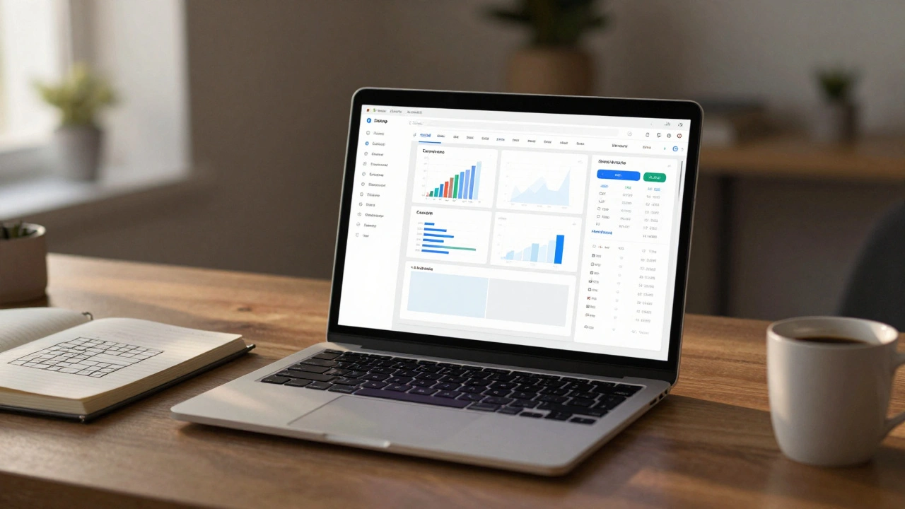 Дашборд в CSS Grid с элементами, занимающими несколько колонок, и всплывающей подсказкой, созданный дизайнером за рабочим столом.