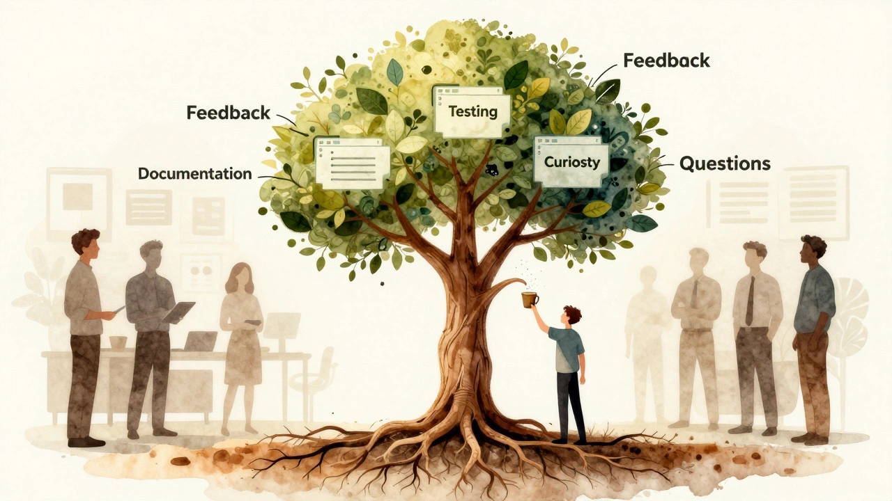Дерево роста разработчика, корни — это Git, листья — коллаборация с командой, символизирующее развитие через сотрудничество.