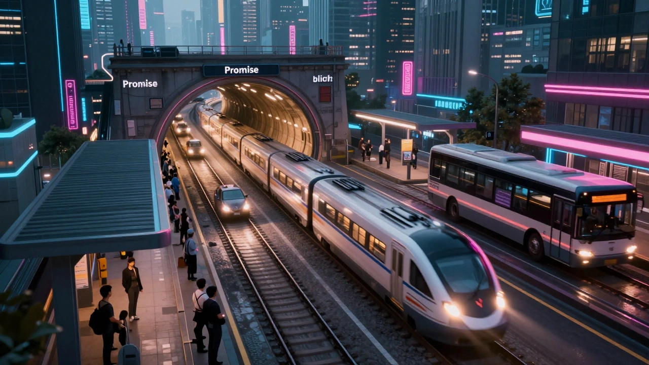 Digital city with microtask trains overtaking macrotask buses, one train looping infinitely causing freeze.