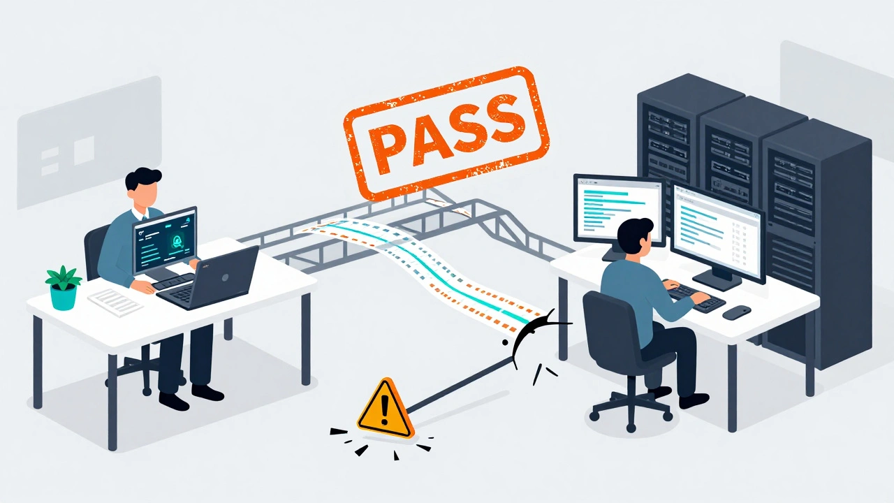 Две команды соединены мостом из данных JSON, над ними — символ успешной проверки контракта.