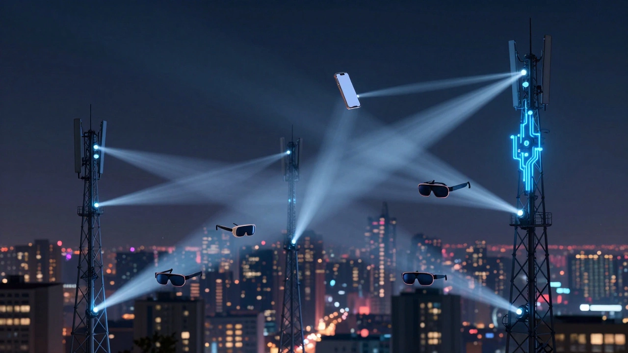 Городской пейзаж с вышками 5G, соединяющими устройства тонкими световыми потоками, один из них обозначен как edge-сервер.