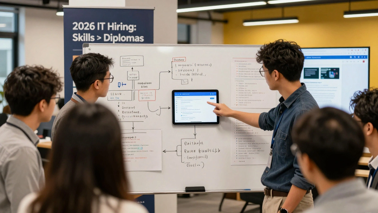 Группа профессионалов обсуждает портфолио и код на белой доске в современном пространстве.