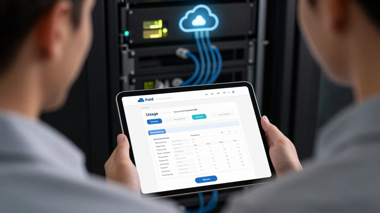 Клиент просматривает свой личный кабинет с историей использования и счетами на планшете.